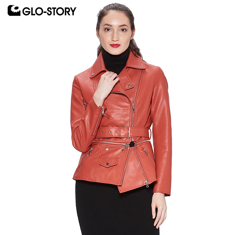 

GLO-STORY Fashion Women Leather Jackets with Sashes Zipper Pocket Women Coats 2018 Autumn Multiple Wear Lady's Jacket WPY-7530