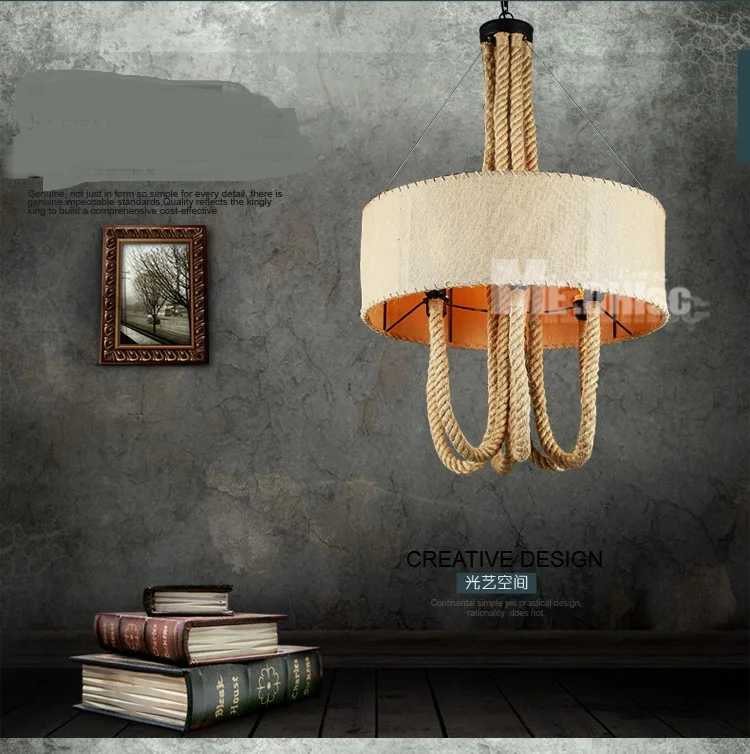 

American restaurant bar retro rope Pendant Lights lamp villa project creative personality linen circular Pendant Lamps ZA