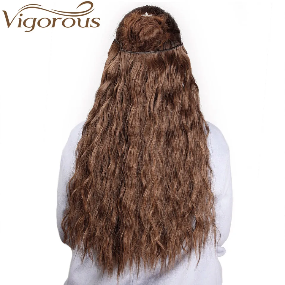 Vigorous 22 Inch Water Wave Synthetic Clip-in One Piece Black Synthetic Natural Hair Extension Heat Resistant