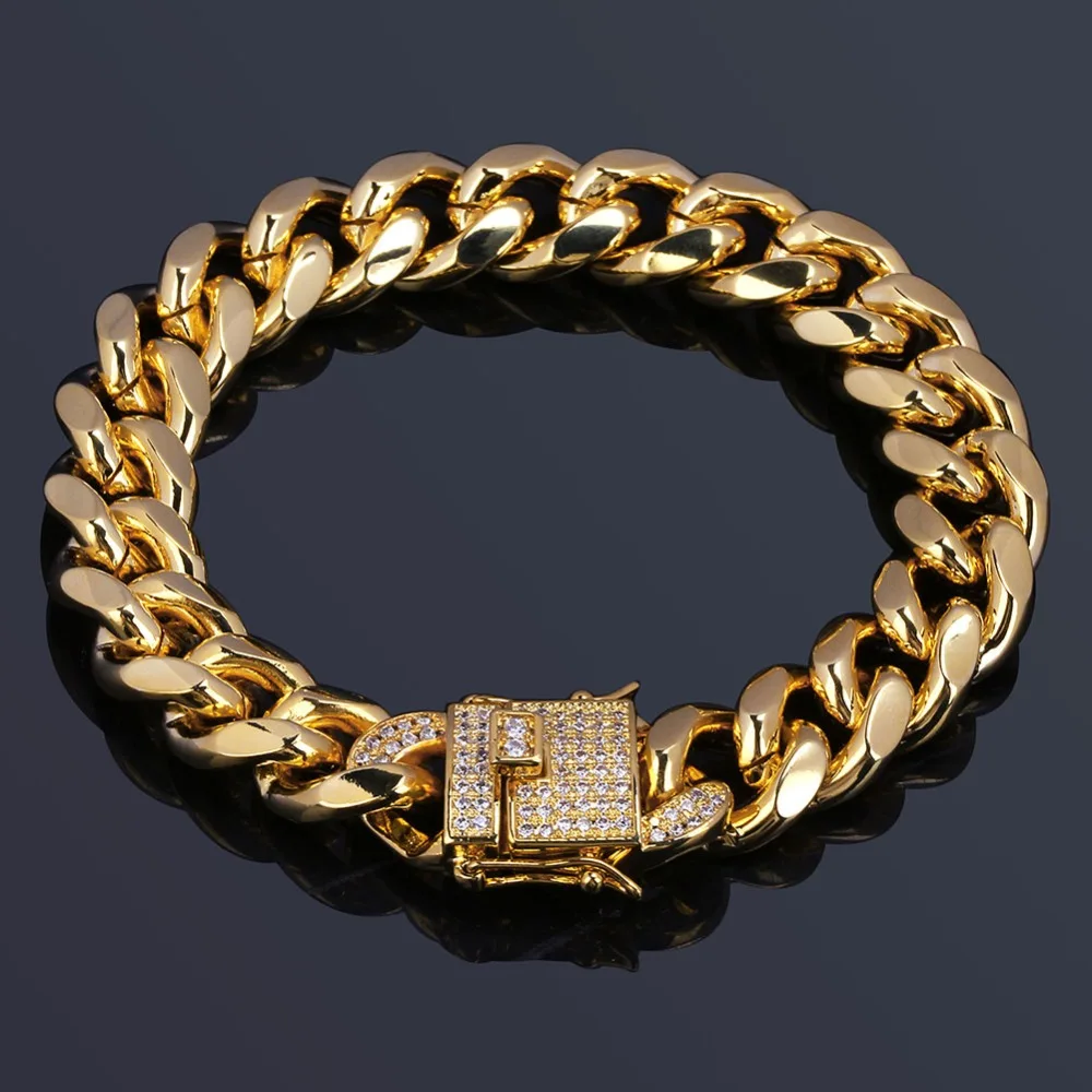 Banhado a Ouro Cadeia com Fecho de Laboratório Pulseira de Hip para os Homens Hop para os Topgrillz 12mm Cor Cubano Pulseira 1ct Cubic Zirconia Homens 8