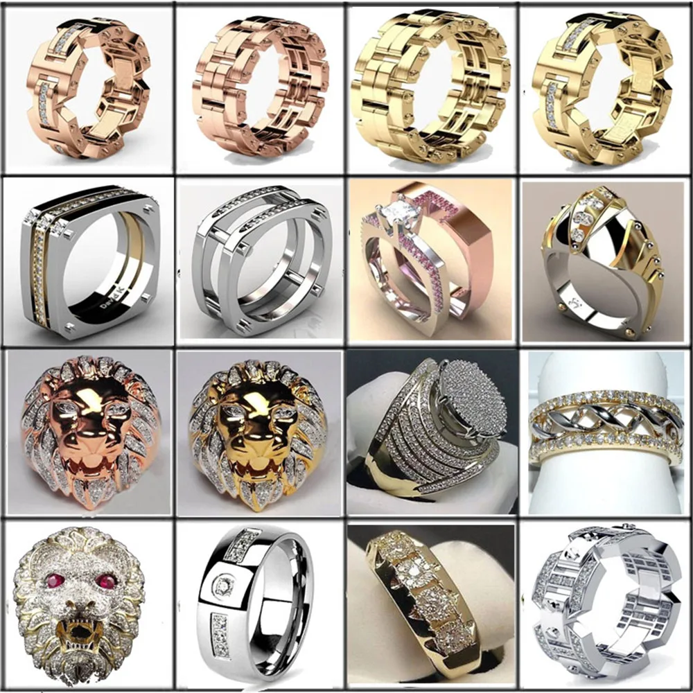

AAA Cubic Zirconia Ice Out Bling Big Wide Hip Hop Lion Head Rock Rings Gold Color Geometric Men Hiphop Rapper CZ Ring Jewelry