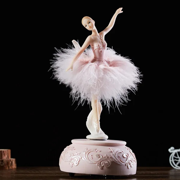 Elegant Ballerina Dance Carousel Music Box Pink White Feather Music Box