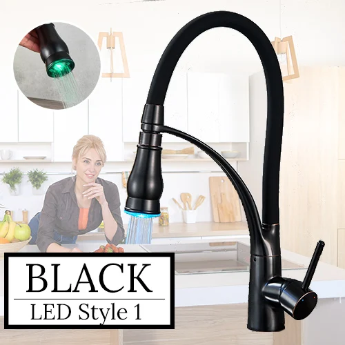 Черный и хромированный кухонный кран на бортике, двойное распылительное сопло, горячая и холодная вода, смеситель для раковины - Цвет: Black LED Style 1