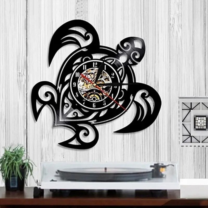 Sea Turtle Shape Classic Wall Clocks Gear Clock Face Decoration Art Clock Vinyl Record Wall Clock - Цвет: Black