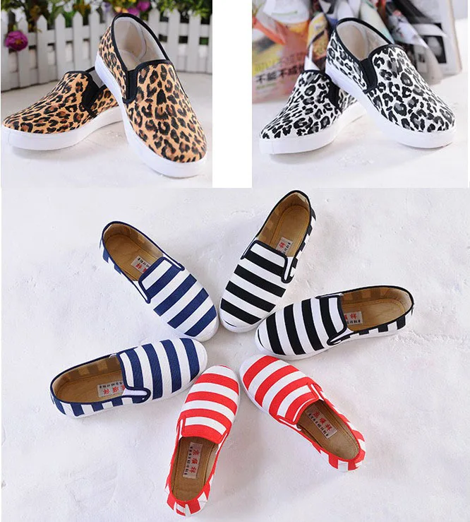 

QPFJQD Leopard Women Active Platforms Flats Height Increasing Ladies Stripe Canvas Round Toe Slip-On Girls Student Shoes Works