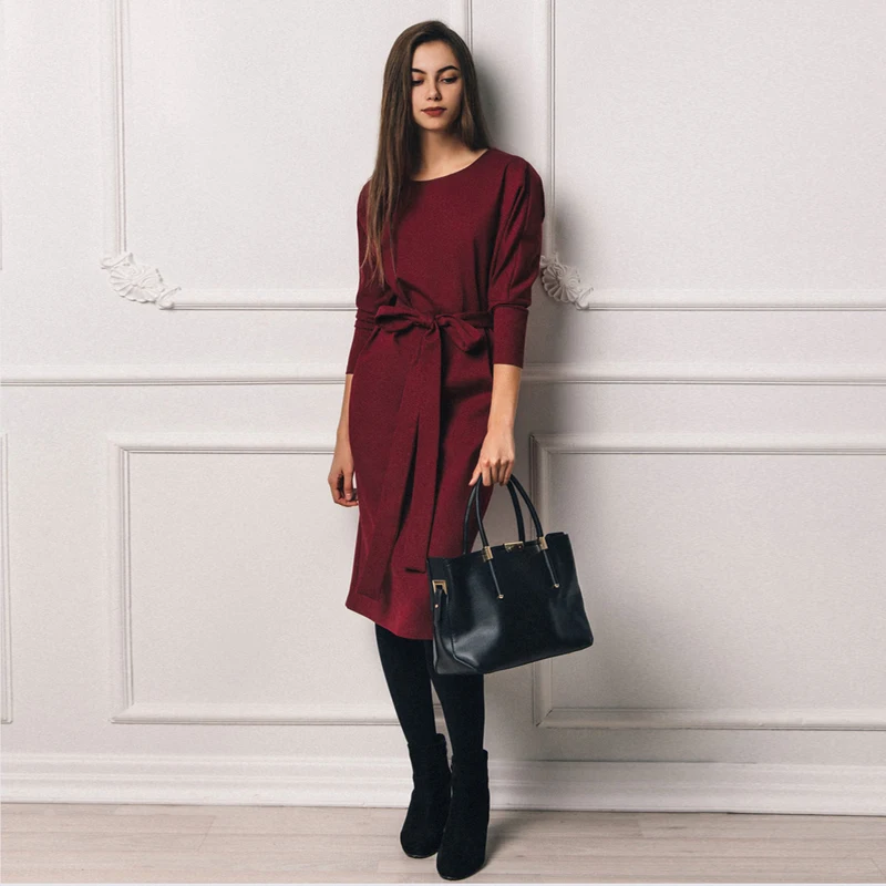 Vintage Bandage Winter Dress Women 2018 Wine High Waist Vestidos Elegant Office Ladies Dresses Autumn Winter Warm Dress Female