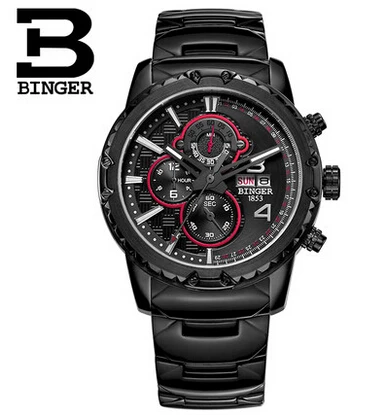 Binger Genuine Leather Luxury Watches Chronograph 6 Hands 24 Hours Function Men Top Brand Military Steel
