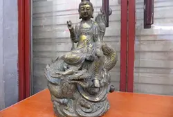 150401 S0353 17 "Тибет Буддизм Бронзовый Gild Кван-Инь Бодхисаттва Статуя Будды Поездка на Дракона