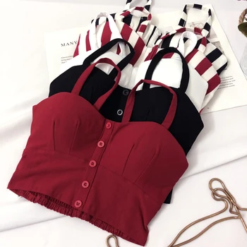 

Crop Top Women Camis Halter Top Women Camisole 2019 Summer Sexy Sleeveless Slim Low Chest Button Roupas Femininas G490