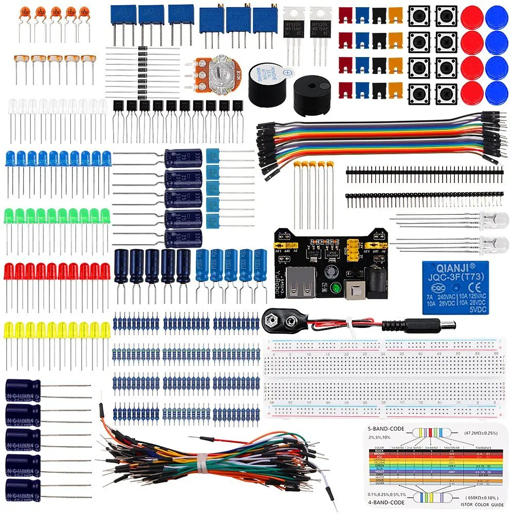 Baratos Kit de inicio básico Keywish Electronics con placa de pruebas, cables de puente, Led de Color, resistencias, condensador, zumbador para Arduino R3 Mega256