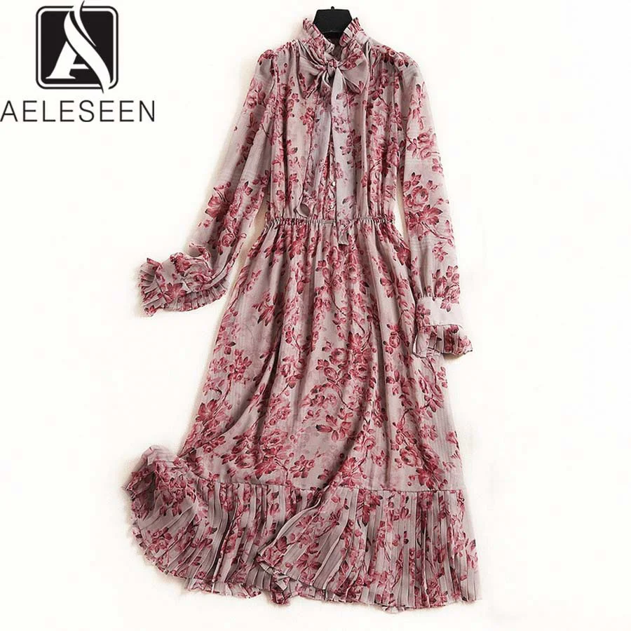 

AELESEEN Boho Dress Women 2019 Spring Summer Women's Butterfly Sleeve Ruffles Bow Collar Long Floral Print Midi Elegant Dress