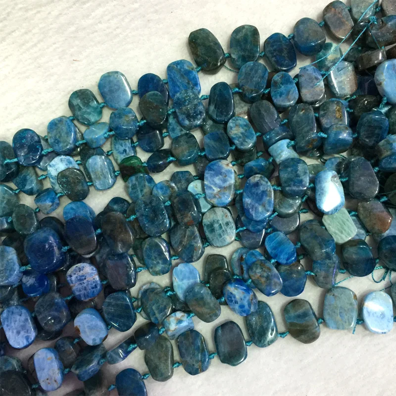 

Natural Genuine Raw Mineral Blue Apatite Flat Oval Nugget Smooth Side Drilled Loose Beads 15" 05527