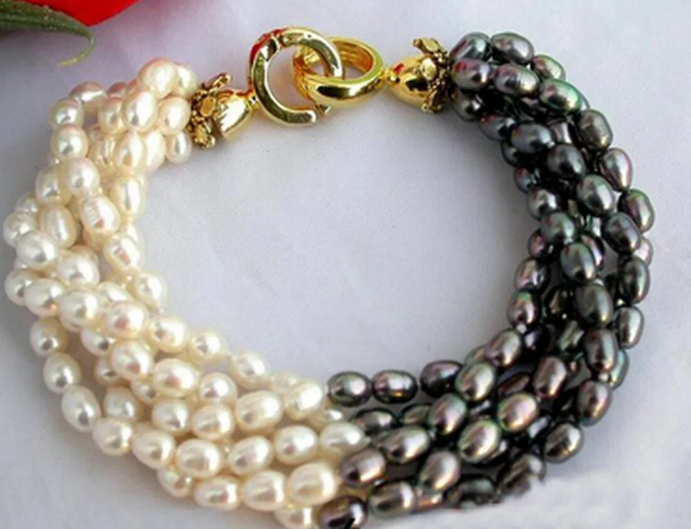 6ROW 8&quot 7mm rice white black FW pearl bracelet | Украшения и аксессуары
