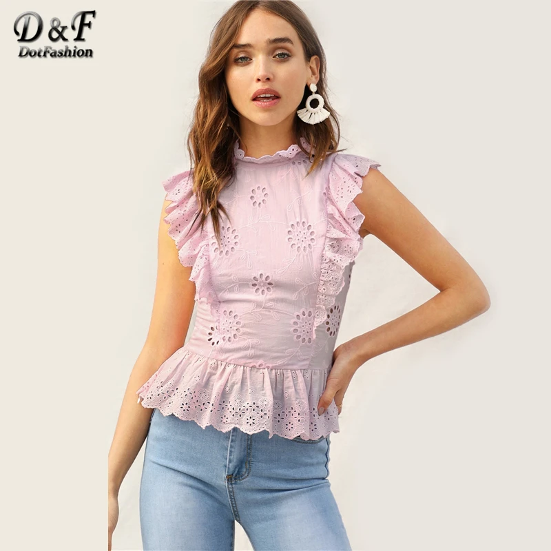 

Dotfashion Pink Ruffle Trim Eyelet Embroidered Peplum Summer Tops For Women 2019 Summer Boho Sleeveless Korean Slim Fit Blouse