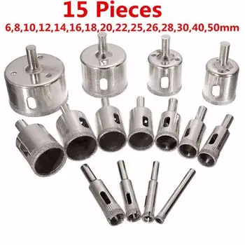 

15pc /Set 6-50mm Diamond Coated Hole Saw Drill Bit Cutter Core Shaft Tool Kit Glass Reamer Ceramics Marble Reamer Beads Grinding