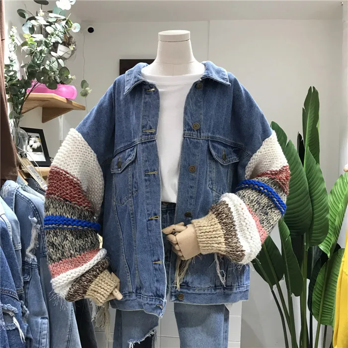 

Denim Jacket Women 2018 Spring Winter BF Color Tassel Knitting Sleeves Stitching Jean Jackets Coat Students Loose Cowboy Coats