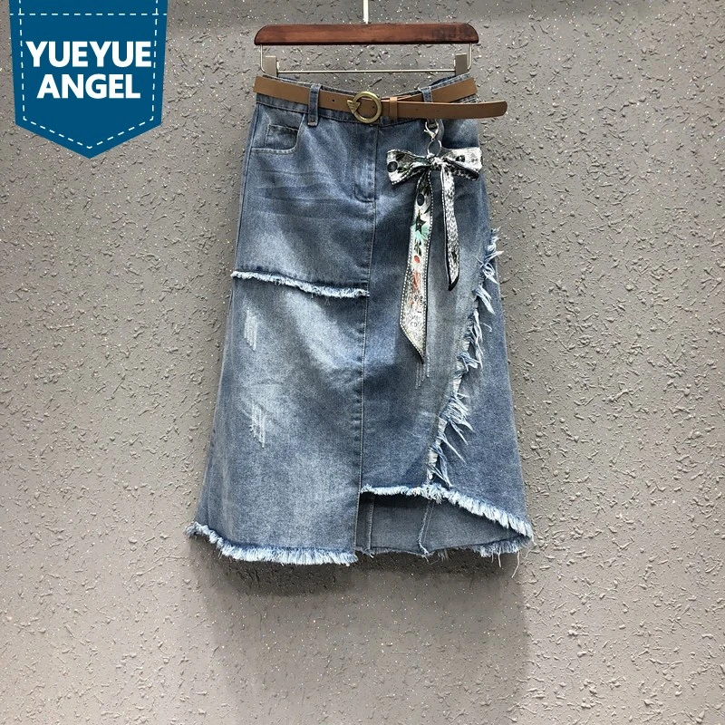 distressed knee length denim skirt