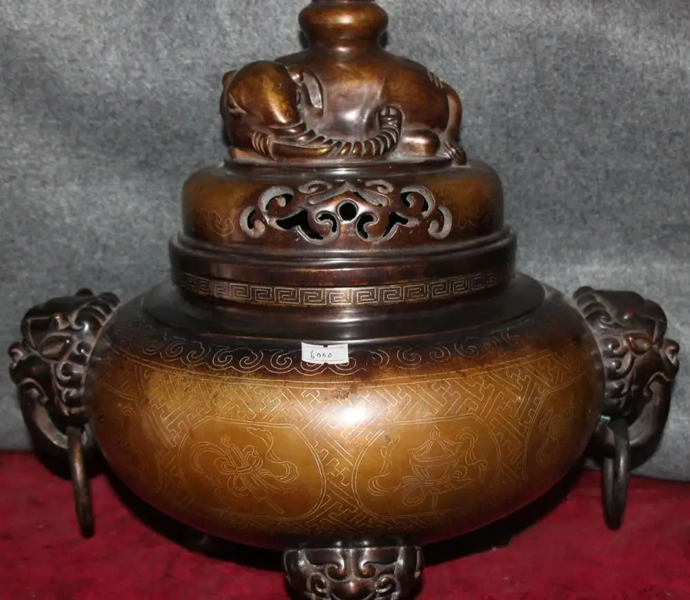 

14" China Purple Bronze Elephant Lion 8 Auspicious Symbol Incense Burner Censer