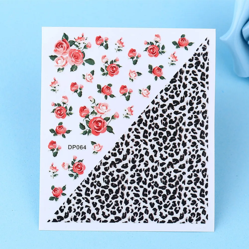 1pc Hot Pretty Rose Flower Pattern Design 3D DIY Flower Nail Sticker Leopard Print Women Nail Art Decal Tools DP064 Nail Sticker (4)