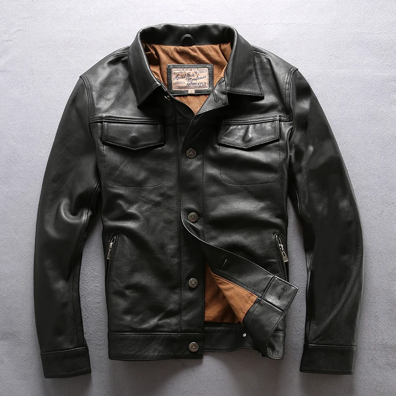 Cheap Read Description! Asian size genuine cow skin leather jacket mens cowhide casual vintage biker leather jacket