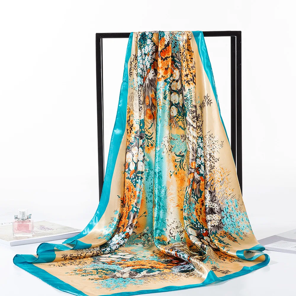 

Spring Sunflowers Square Scarves Headscarf For Ladies Van Gogh Brand Oil Painting Silk Scarf Shawl 90*90cm Satin Scarf