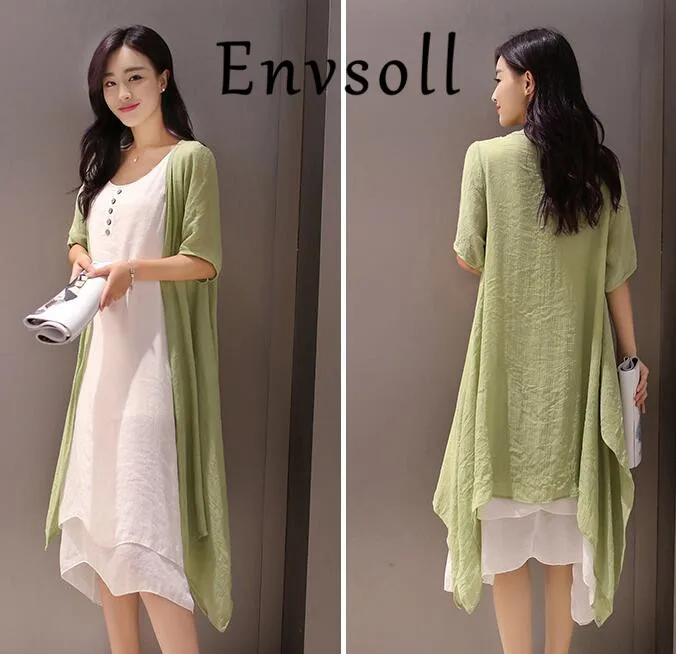 

Envsoll Two Pieces Summer New Cotton Linen Dress 2017 Loose Long Pregnancy Dress For Maternity Clothes For Pregnant Women