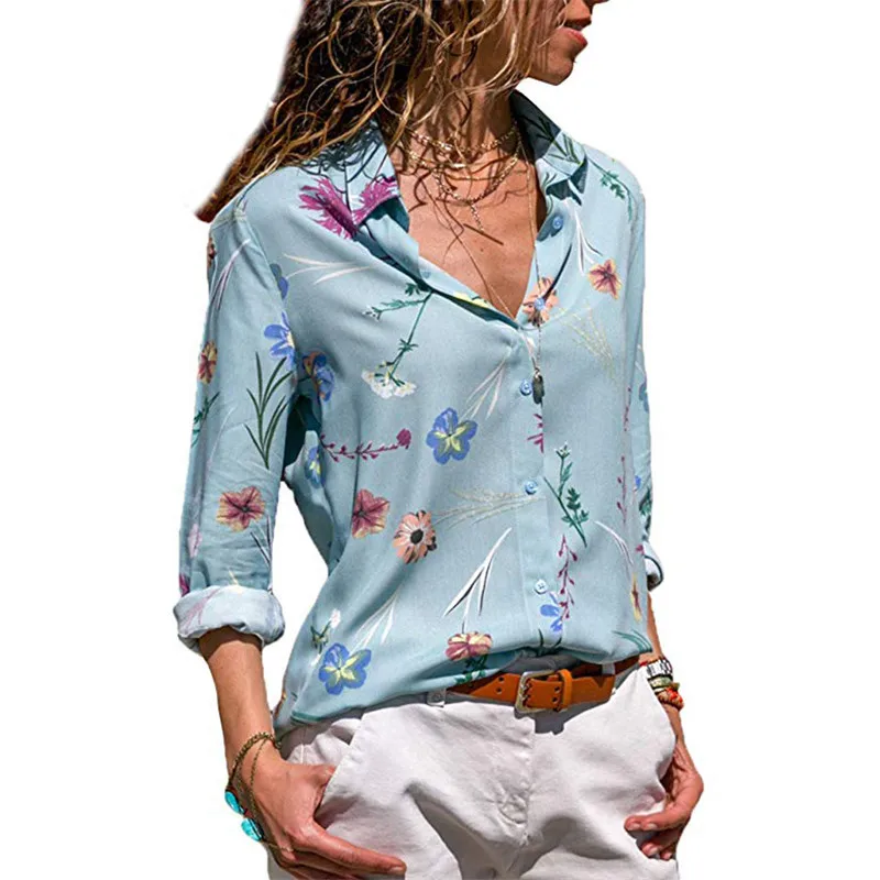 Блузка женская шифоновая с длинным рукавом, винтажная рубашка с цветочным принтом, модный топ, синий цвет, на лето