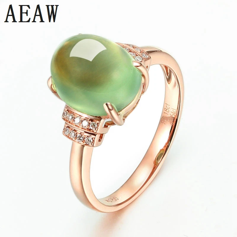 

Solid Real 14k Rose Gold 8*12mm Oval Shape Natural Prehnite Ring Prong Set with Moissanite Fine Jewelry