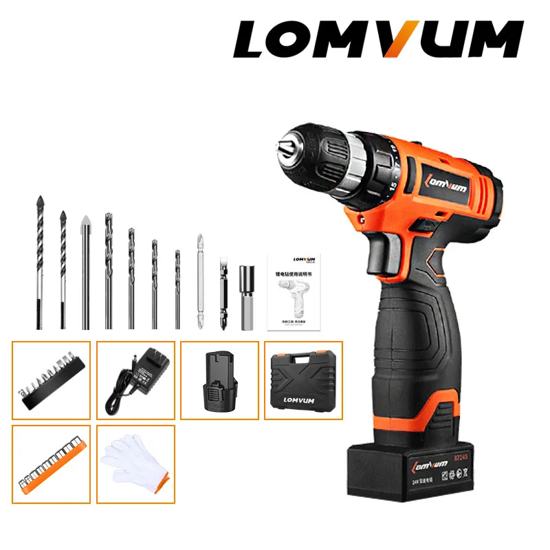 

LOMVUM NEW 24V Impact Cordless Electric Drill double speed handheld screwdriver electric tool rechargtable battery screwdriver