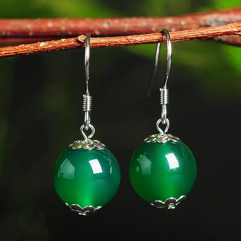 

925silver inlaid natural authentic chalcedony bead earrings Original minimalist green chalcedony beads earrings with certificate