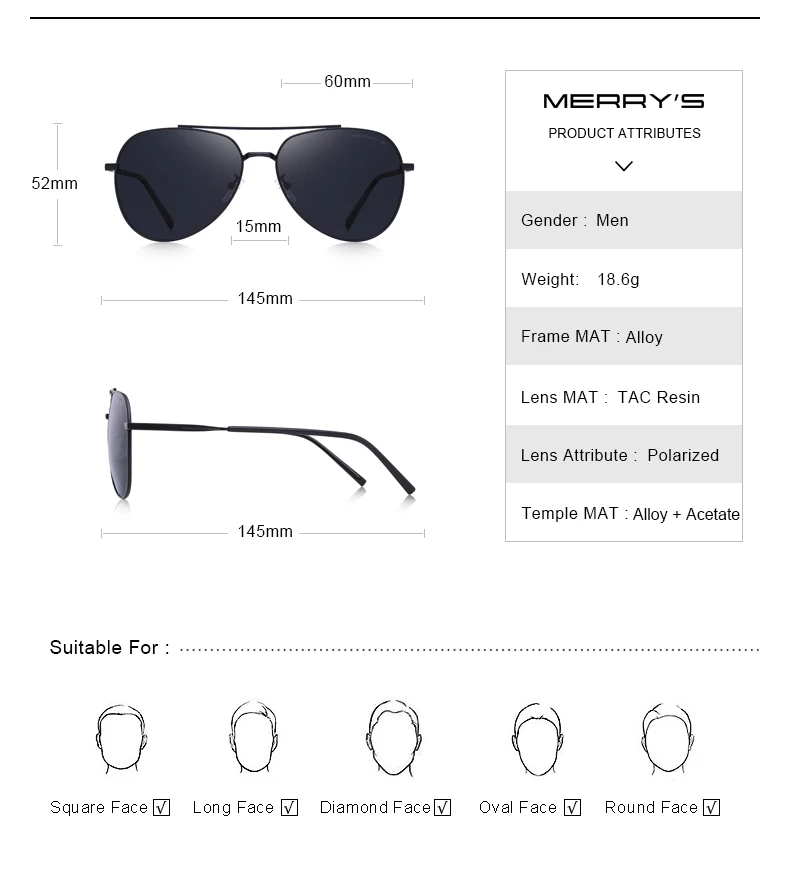 Мужские классические солнцезащитные очки MERRY'S в стиле пилота HD, поляризованные Модные солнцезащитные очки в авиационной оправе, UV400, защита S8218