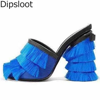 

New Women Filament Tassel Covered Open toe Satin Slipper Sandals Bowtie Fringed Chunky High Heels Slingback Summer Party Shoes