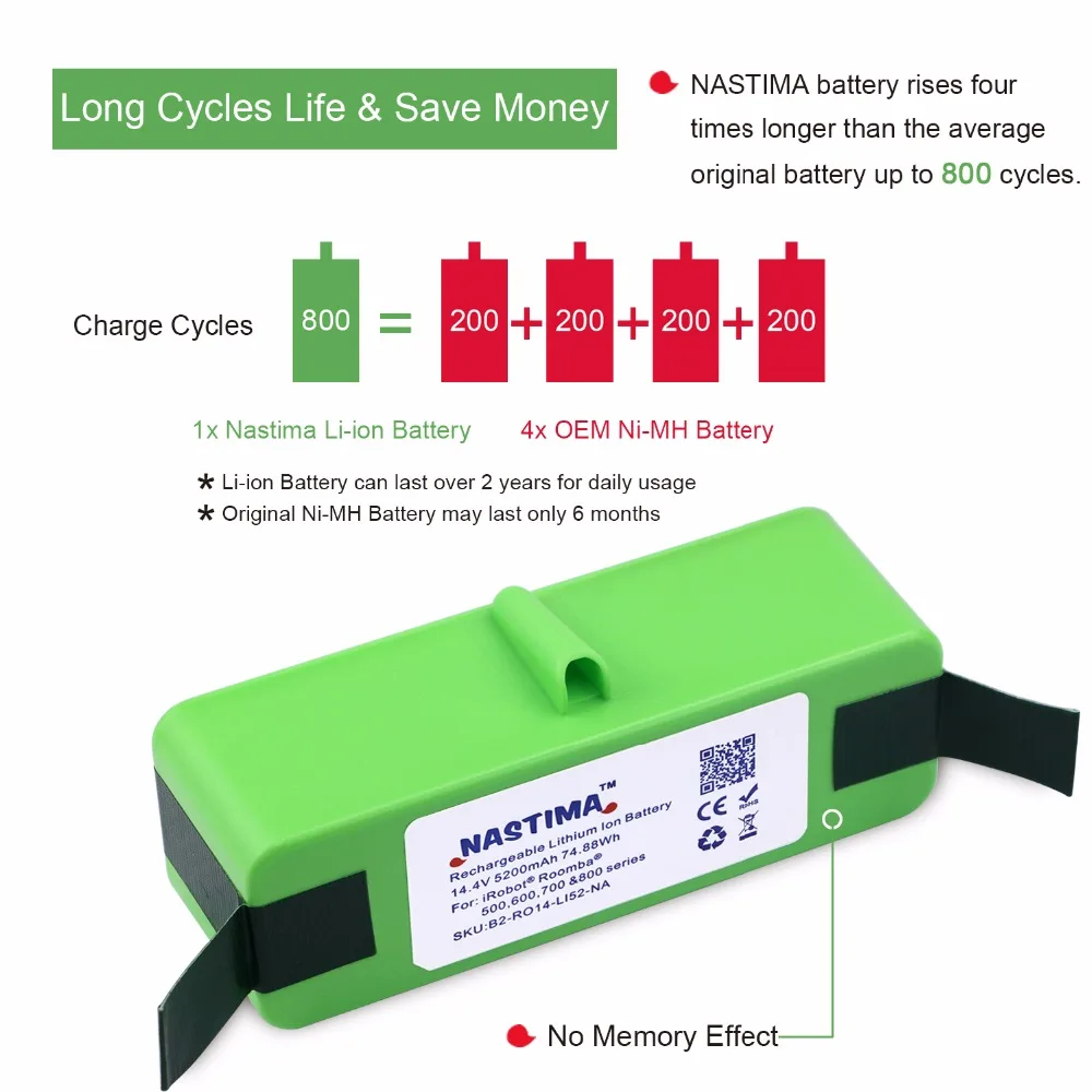 [UL& CE сертифицировано] NASTIMA 14,4 v 5200mAh литиевая батарея для iRobot Roomba очиститель серии 500600700800