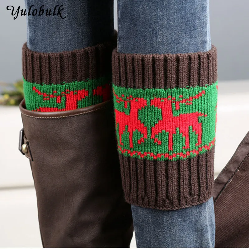 

New Short Knit Boot Cuffs Christmas Gift Deer Women Leg Warmers Red Black Contrast Color Boot Socks Boot Toppers Gaiters