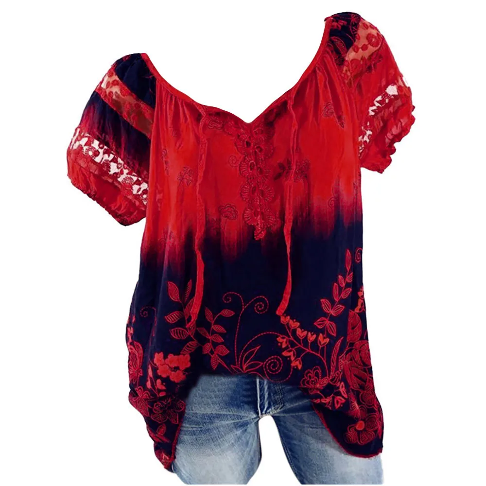 

Women V-Neck Printed Blouse Lace Hollow Short Sleeve Tops Shirt Plus Size Loose Tie Up Shirt Casual Blouse Tops @40