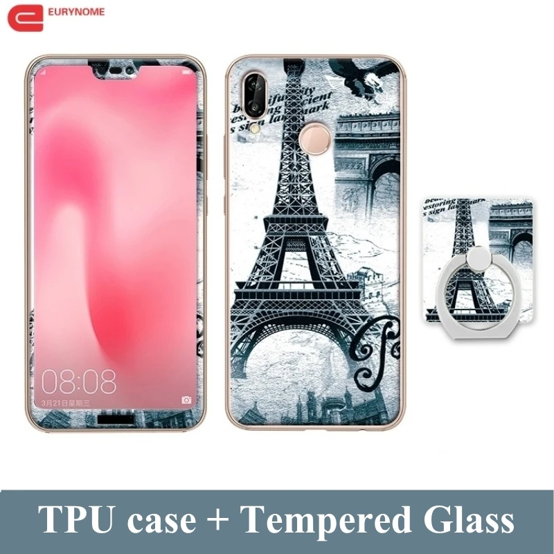 Cartoon Case For Huawei P20 lite Tempered Glass Film Finger Ring TPU Kickstand Patterned Cover for Nova 3E | Мобильные телефоны и