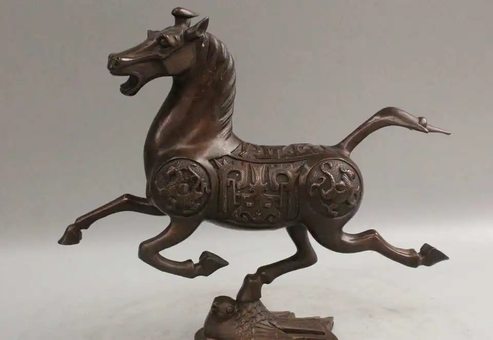 

free shipping 10" Chinese Feng Shui Bronze Zodiac Year Horse Stepping on Flying Swallow Statue