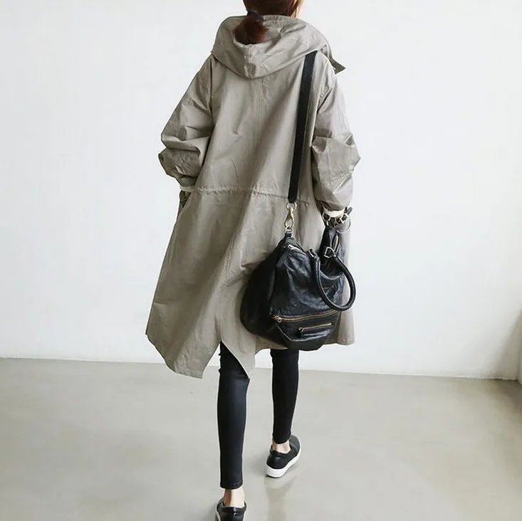 Printemps Longues Moyen Nouvelle Manteau Veste À Coréenne long Manches vent Lâche Noir Femelle Automne 2018 Capuchon Mince Style Mode gris Coupe kuwiOXZPT