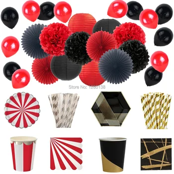 

Halloween Decoration Party Tableware Red&Black Paper Lantern Pom Poms Paper Plates Napkins Straws Cups Latex Balloons Christmas