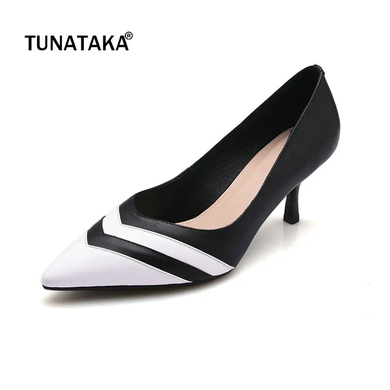 

Genuine Leather Thin High Heel Pointed Toe Woman Pumps Fashion Mixed Color Dress High Heel Shoes Woman Black Pink