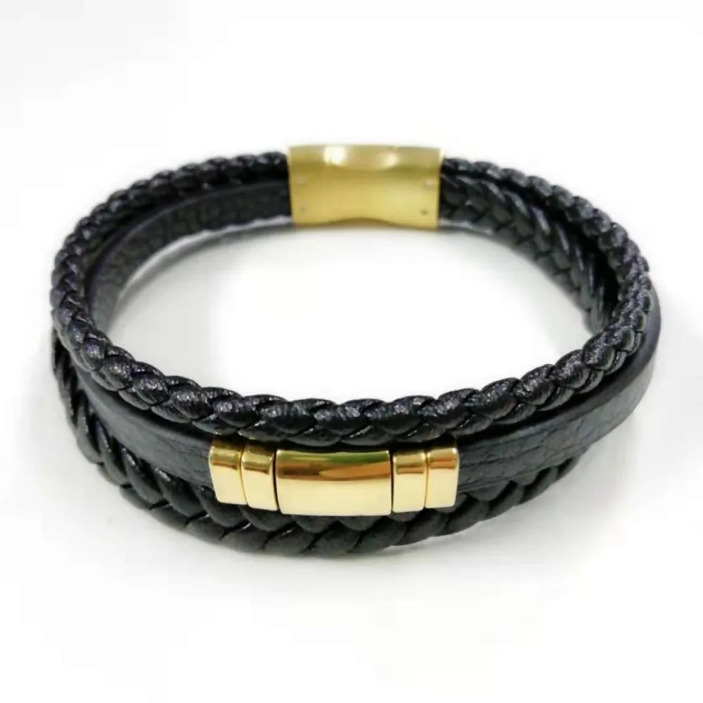 

Bracelet Stainless Steel Black Leather Bracelet Wristband Bangle Punk Style Fashion Jewlery Magnetic Clasp