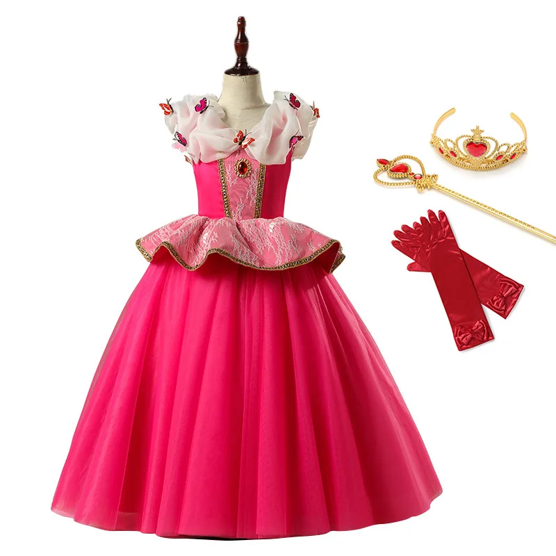 Платье принцессы Авроры; костюм Спящей красавицы для девочек; детское красное платье с коротким рукавом; Вечерние платья на Хэллоуин; Карнавальные Платья - Цвет: Dress Set1