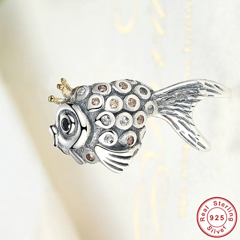 

CZ Fish Beads fit Pandora Bracelet 925 Sterling Silver Yellow Cubic Zirconia Goldfish Carp Charms for Women 2018 Jewelry Making