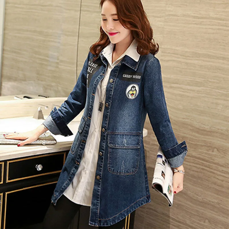 Vangull Women Denim Jackets Autumn New Casual Long Sleeve Female Letter Print Jean Coat Single Breasted Plus Size Loose Tops - Цвет: Blue