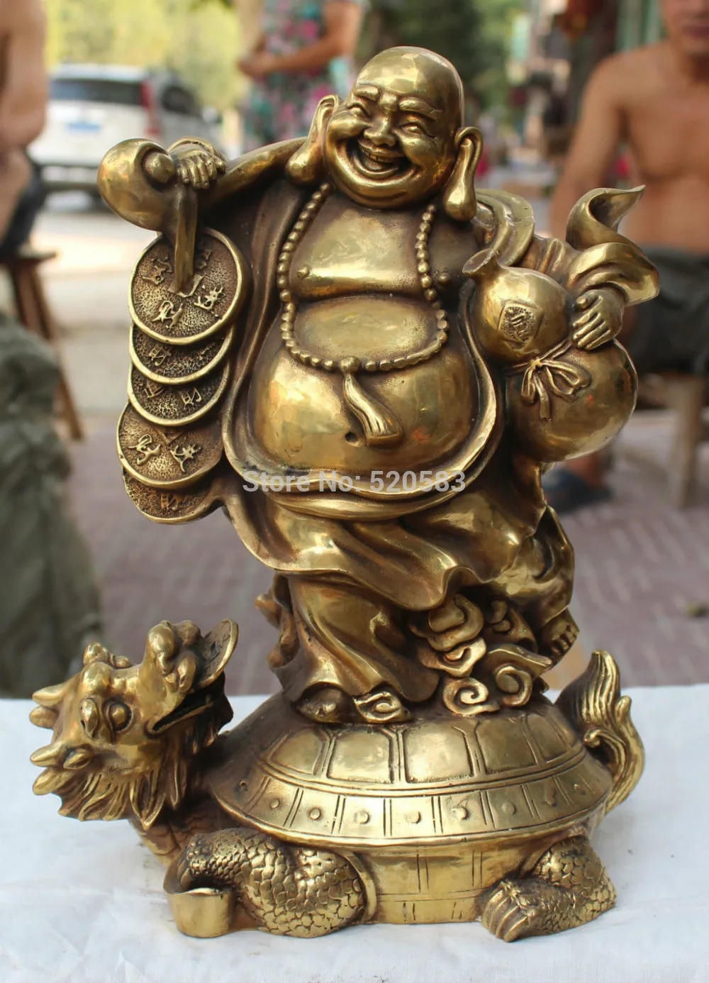 

free 12"China Bronze Wealth Money Happy Laugh Maitreya Buddha On Dragon Tutrle fast