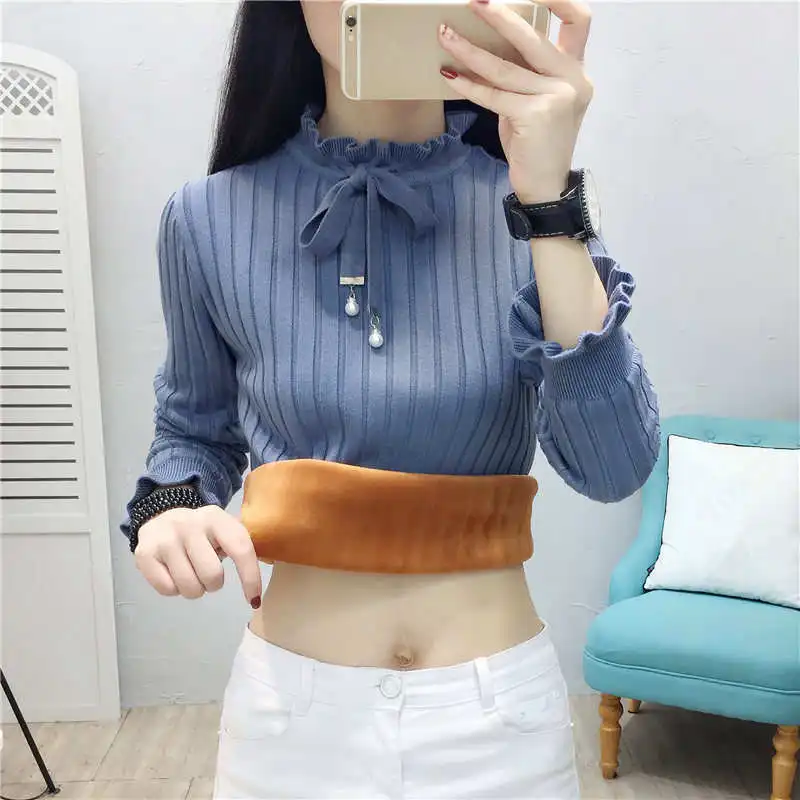 

Ruffles Collar Plus Velvet Thicken Sweater Women Autumn Winter Warm Pullover Sweaters Sweet Slim Knit Women Sweater Jumper C5704