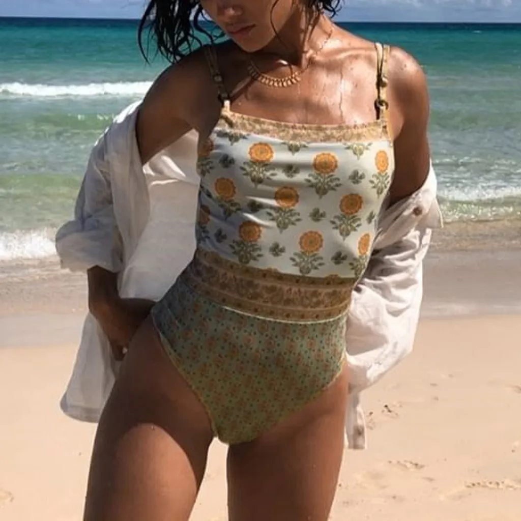 

Mesh Hollow Out String Biquin Women One-Piece Floral Print Swimsuit Swimwear Push-up Bikini Bathing Bather Suit Swimming