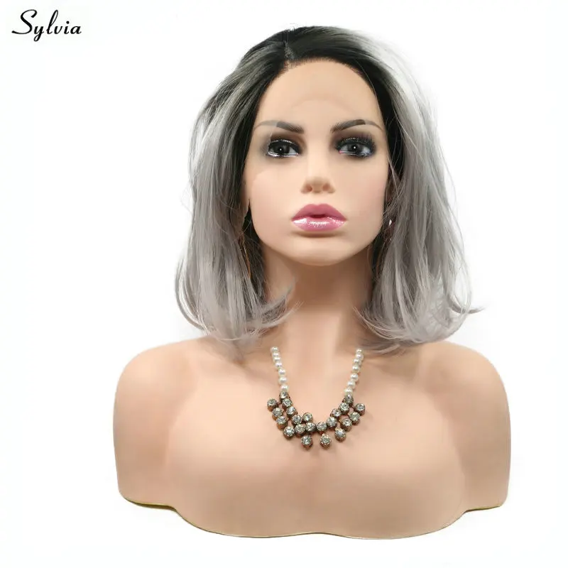 Sylvia парик с короткими волосами черный корни Омбре парик синтетические волосы на кружеве Искусственные парики серый Вечерние для девочек