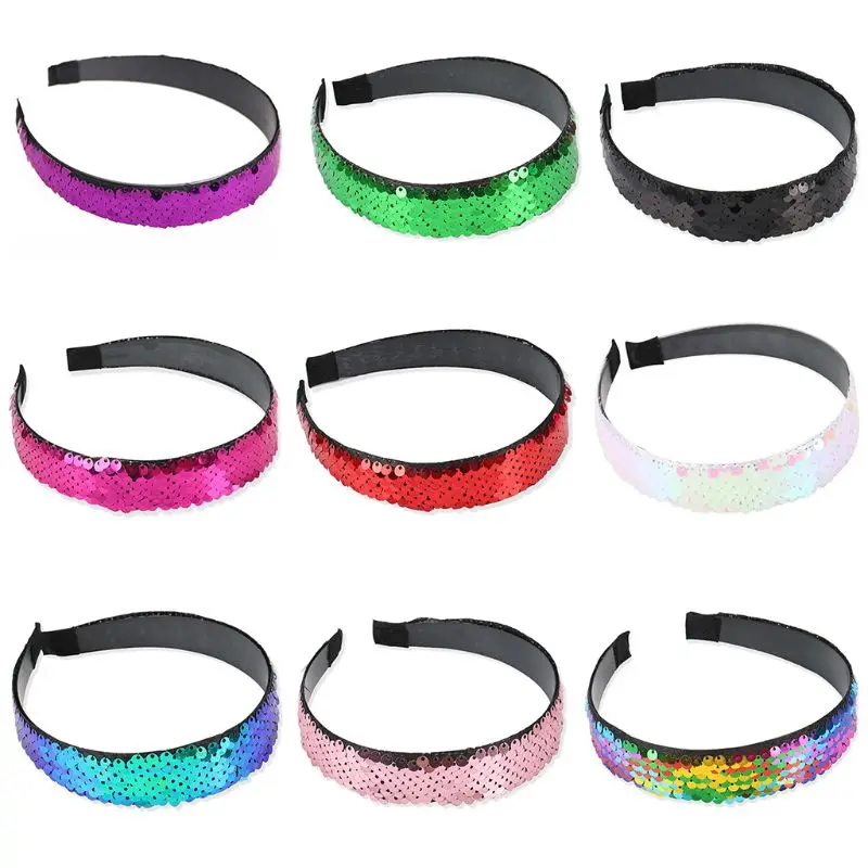 

Women Summer Reversible Glitter Sequins Headband Fish Scale Bright Colored Festival Wide Hair Hoop Rainbow Night Party Headpiece