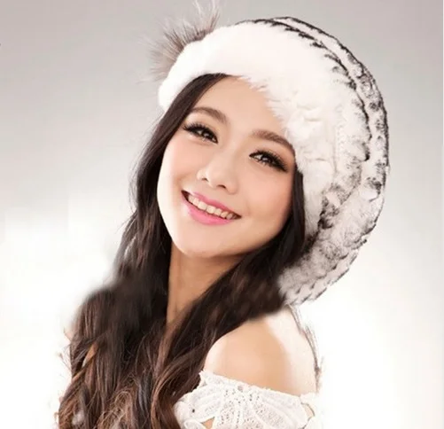 

Hot ladies fashion excellent knitted real natural rex rabbit fur hat Genuine Women winter cap high quality beret hat